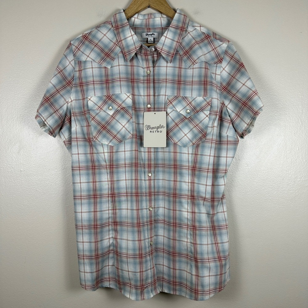 Wrangler Men's XL Shirt Light Blue Red Plaid Retro Western Pearl Snap NEW